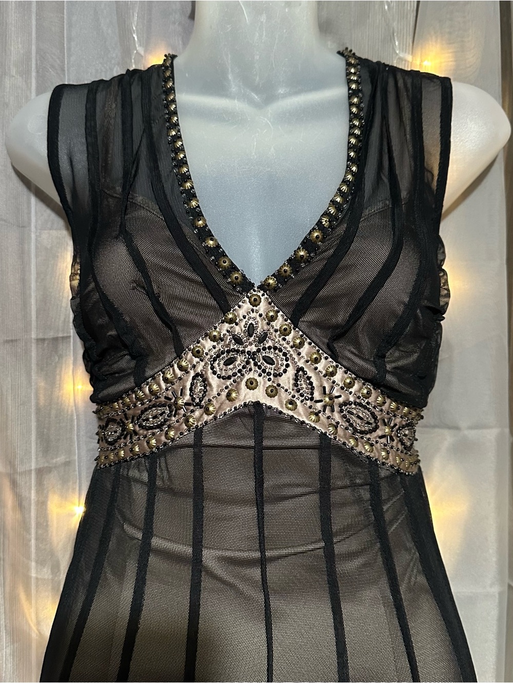 2000s Y2K Mix It studded/beaded bust black nylon layered dress Sz 8